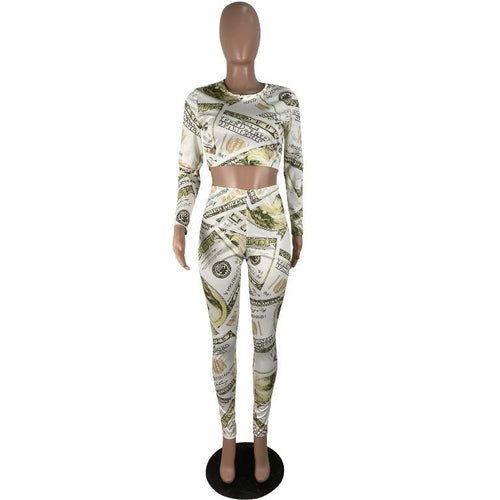 Dollar printing o neck jumpsuit Women slim long sleeve high