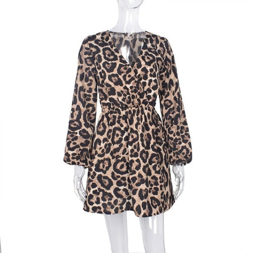 Leopard print off shoulder v neck sexy dress Long lantern