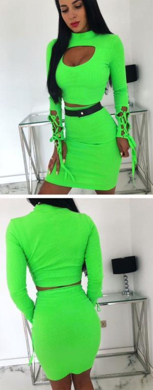 Knitted hollow out lace up dress Two piece set sexy bodycon