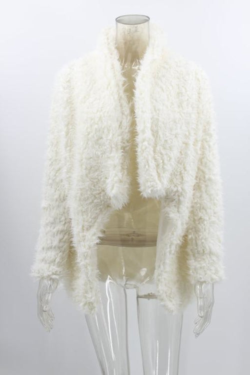 White turn-down collar faux fur jacket Loose long sleeve warm