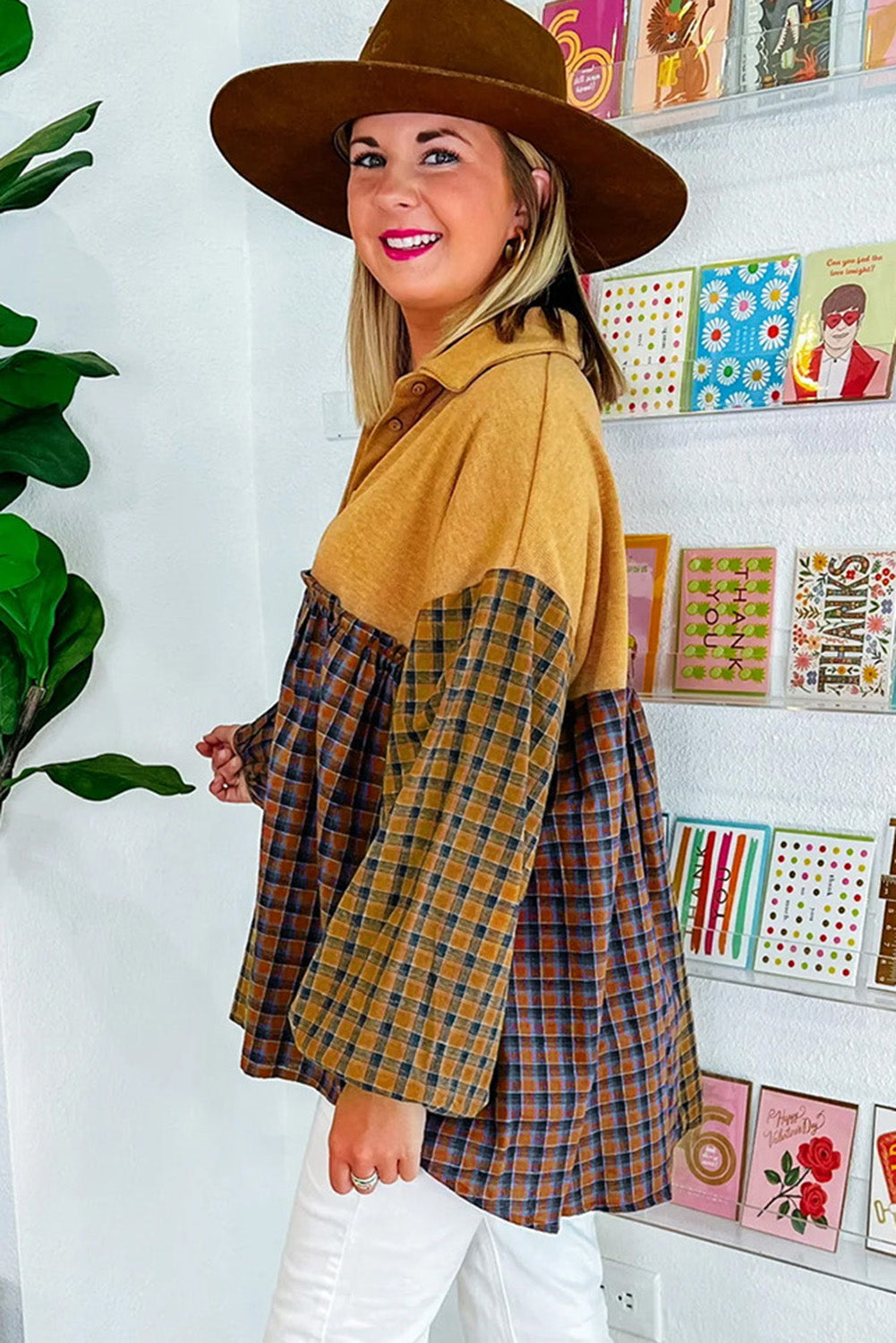 Mustard Contrast Plaid Print Puff Sleeve Shirt