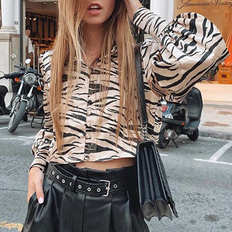 Animal print satin blouse shirt Women turndown collar buttons