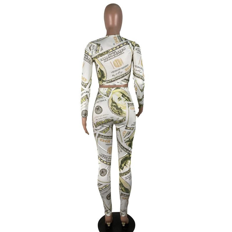 Dollar printing o neck jumpsuit Women slim long sleeve high