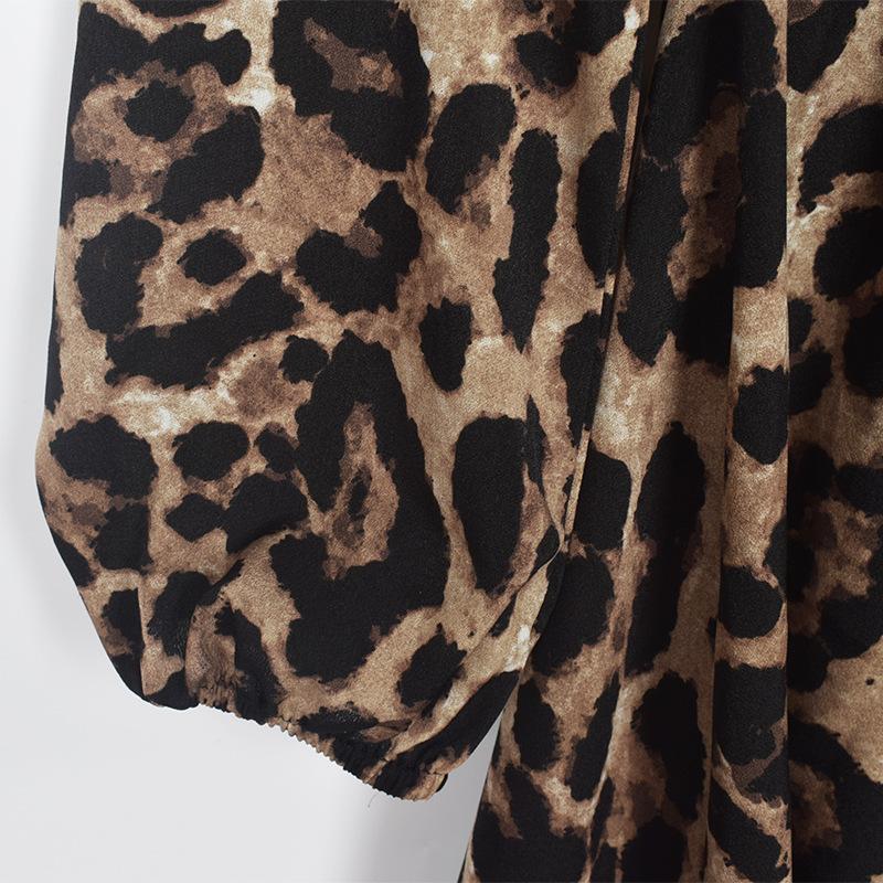 Leopard print off shoulder v neck sexy dress Long lantern