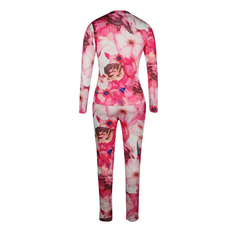 Pink two piece set flower print jumpsuit Women long sleeve