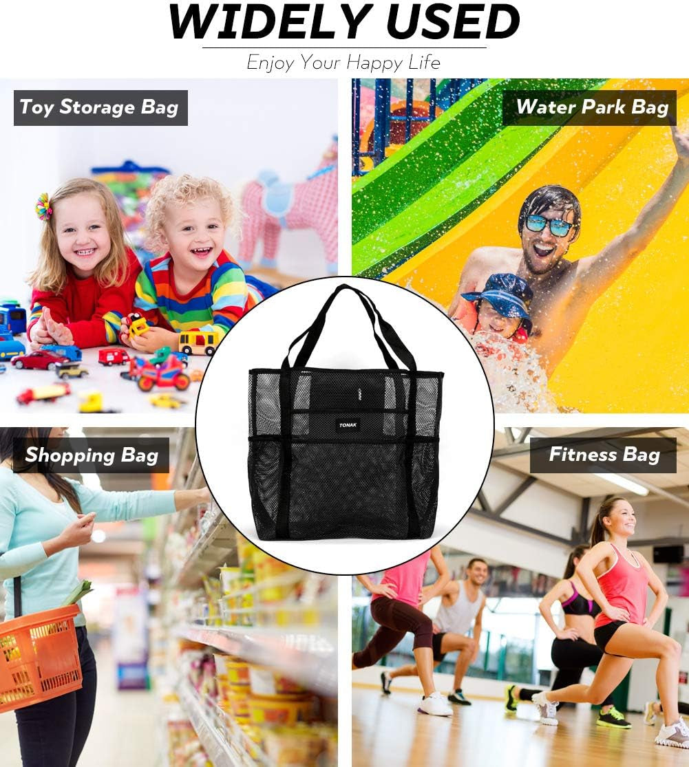 Mesh Beach Bag Toy Tote Bag Grocery Storage Net Bag Oversized Big XL with Pockets Foldable Lightweight for Family Pool