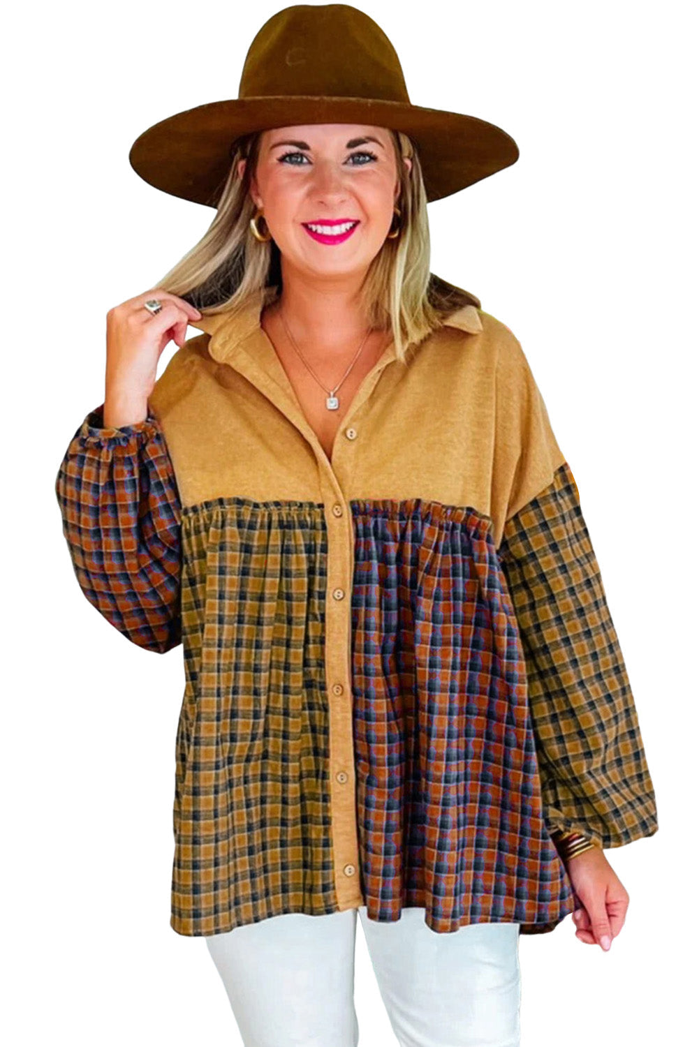 Mustard Contrast Plaid Print Puff Sleeve Shirt