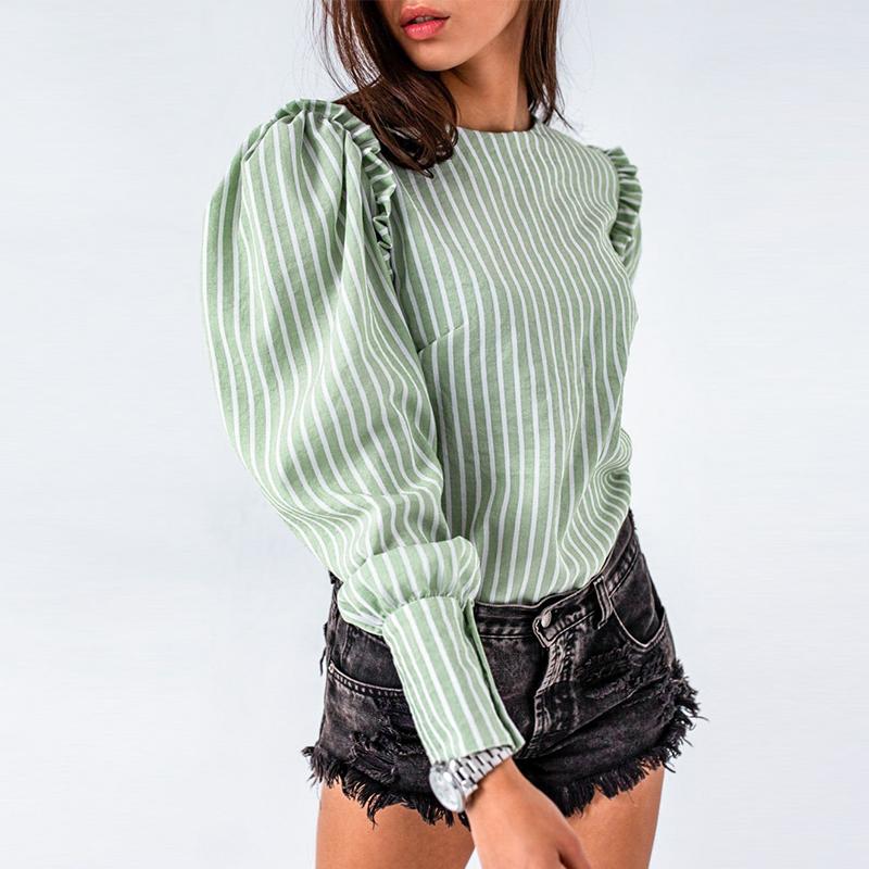 Light green autumn winter women blouse Vintage office lady puff long