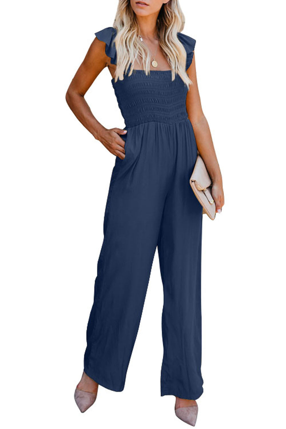 Black Flutter Sleeve Smocked Wide Leg Jumpsuit