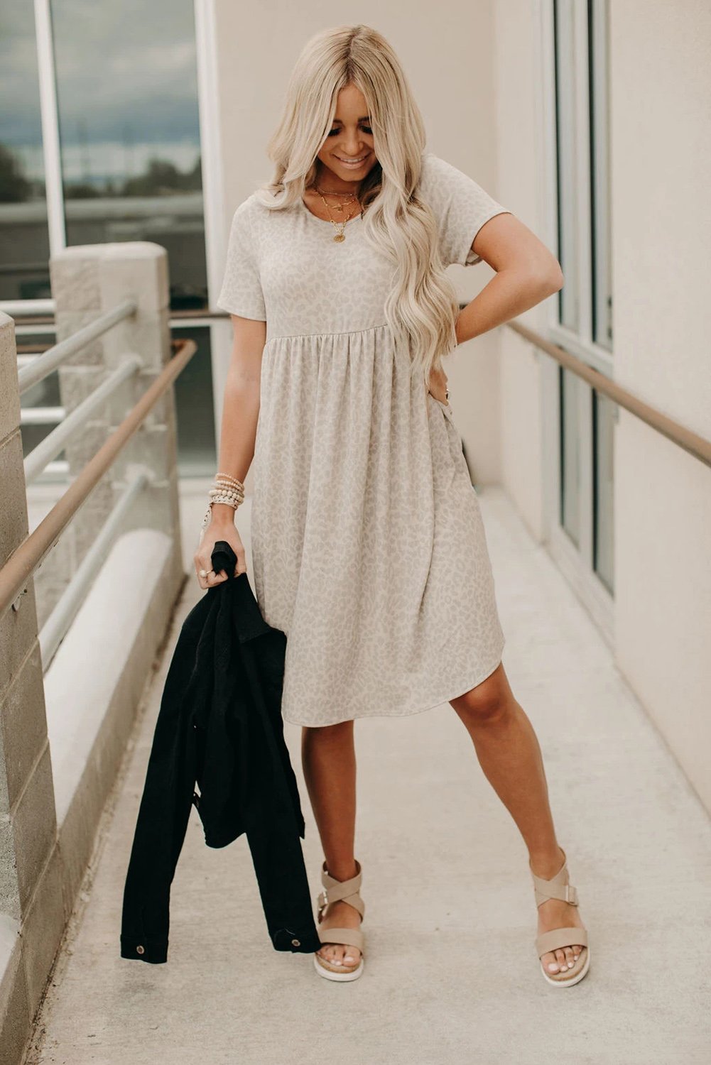 Khaki Leopard Print Short Sleeve Pleated Mini Dress