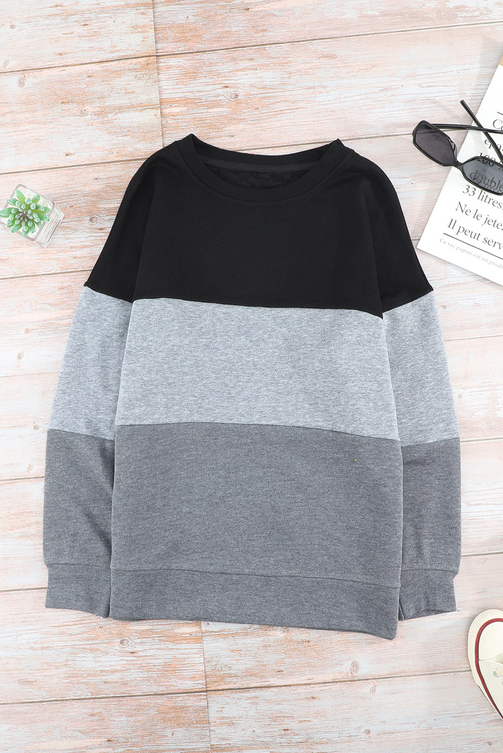 Colorblock Gray Contrast Stitching Sweatshirt with Slits