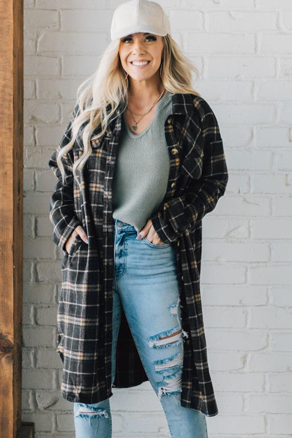 Black Plaid Button Front Pocketed Long Shacket