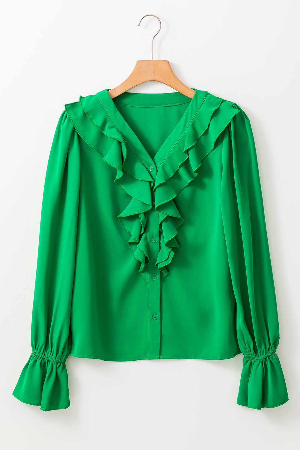 Bright Green Ruffles Cascading V Neck Shirt