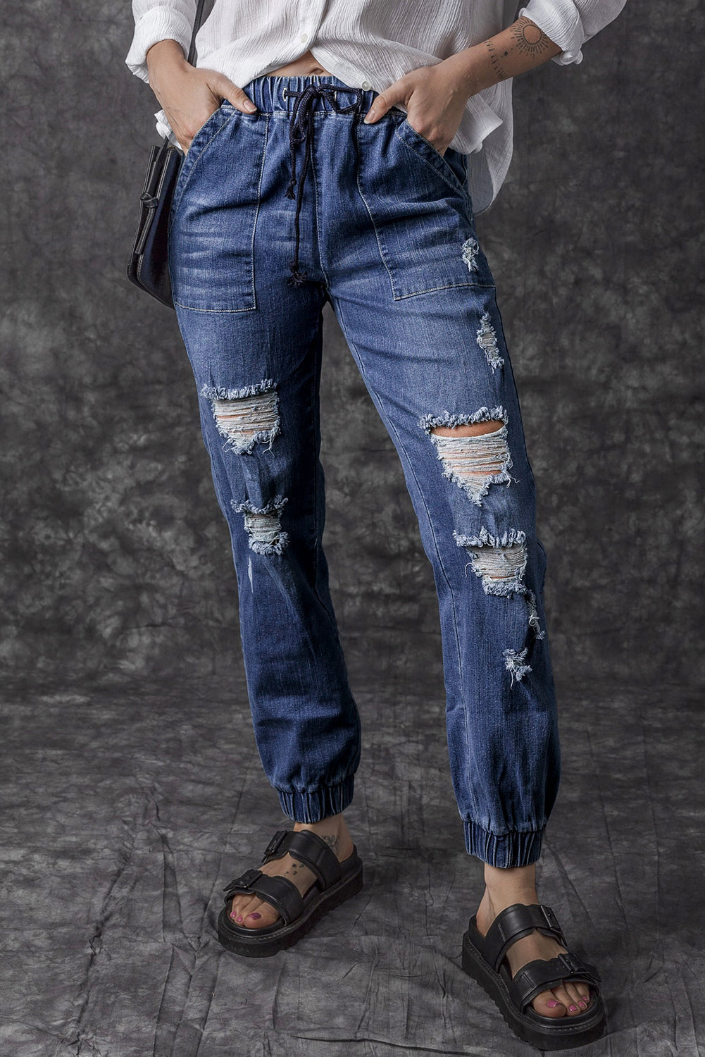 Blue Pocketed Distressed Denim Joggers