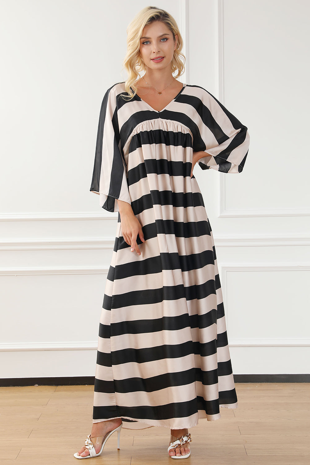 Black V Neck Kimono Sleeve Striped Maxi Dress