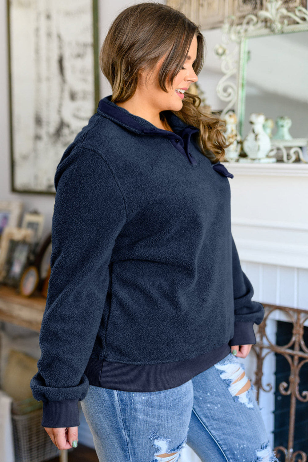 Blue Snap Buttons Pullover Plus Size Fleece Sweatshirt