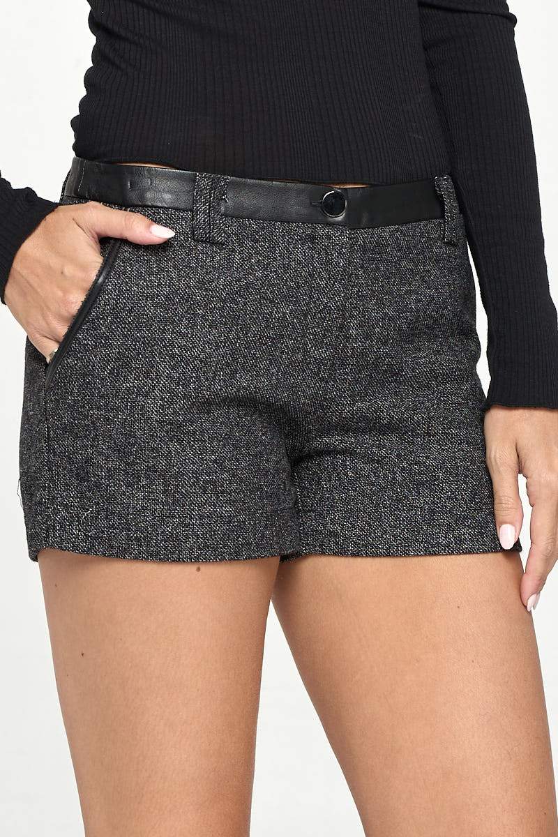 Vegan Leather Contrast Waist Band Short For Women - Craze Trends