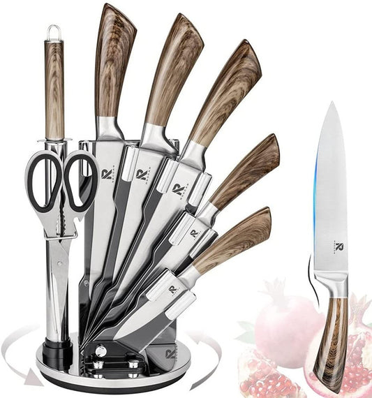 Kitchen Knife Block Set 8 Stainless Steel Knives with Wooden Color - Craze Trends