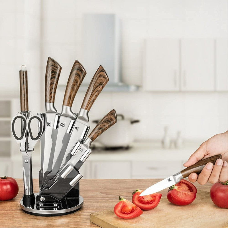 Kitchen Knife Block Set 8 Stainless Steel Knives with Wooden Color - Craze Trends