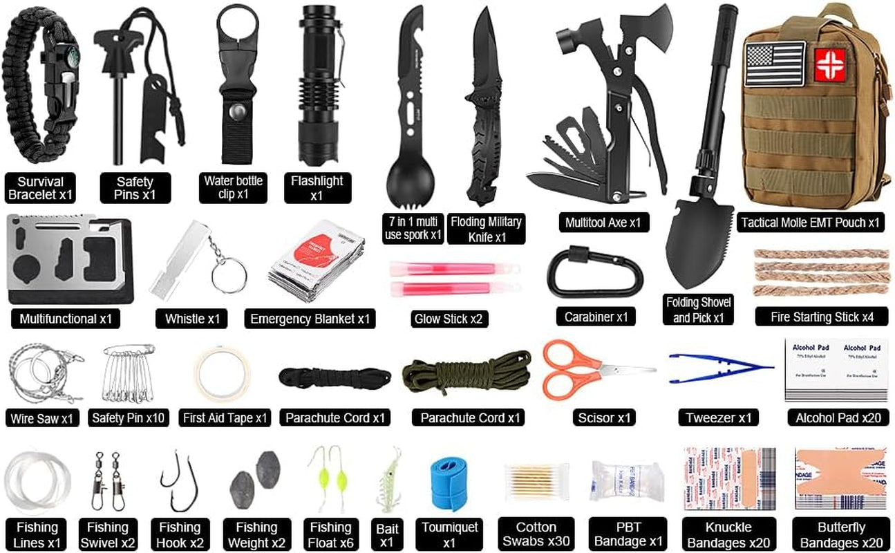 Survival Kit and First Aid Kit, 142Pcs Professional Survival Gear and Equipment with Molle Pouch, for Men Dad Husband Who Likes Camping Outdoor Adventure…