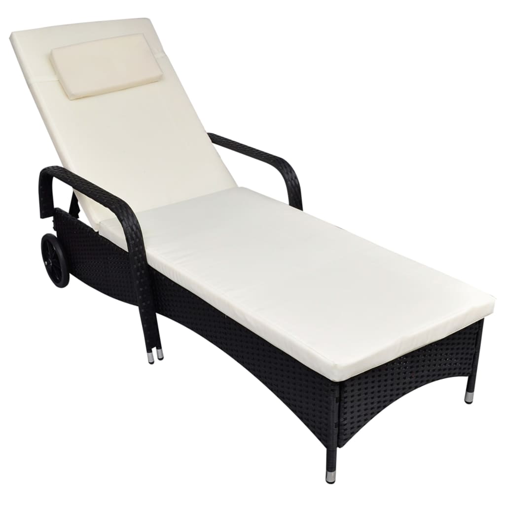 Sun Lounger with Cushion & Wheels Poly Rattan Black - Craze Trends