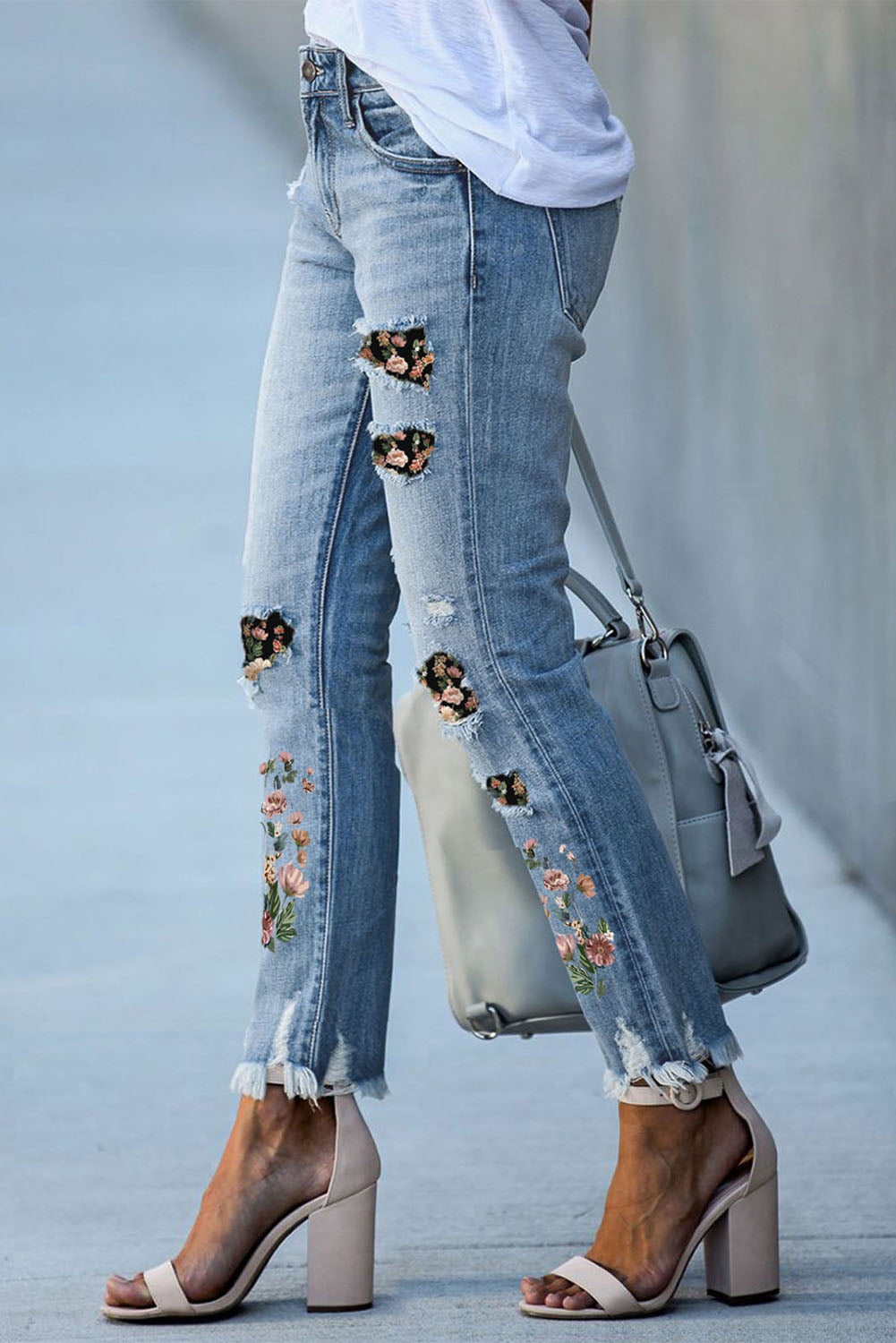 Sky Blue Printed Patch Ripped Skinny Jeans - Craze Trends