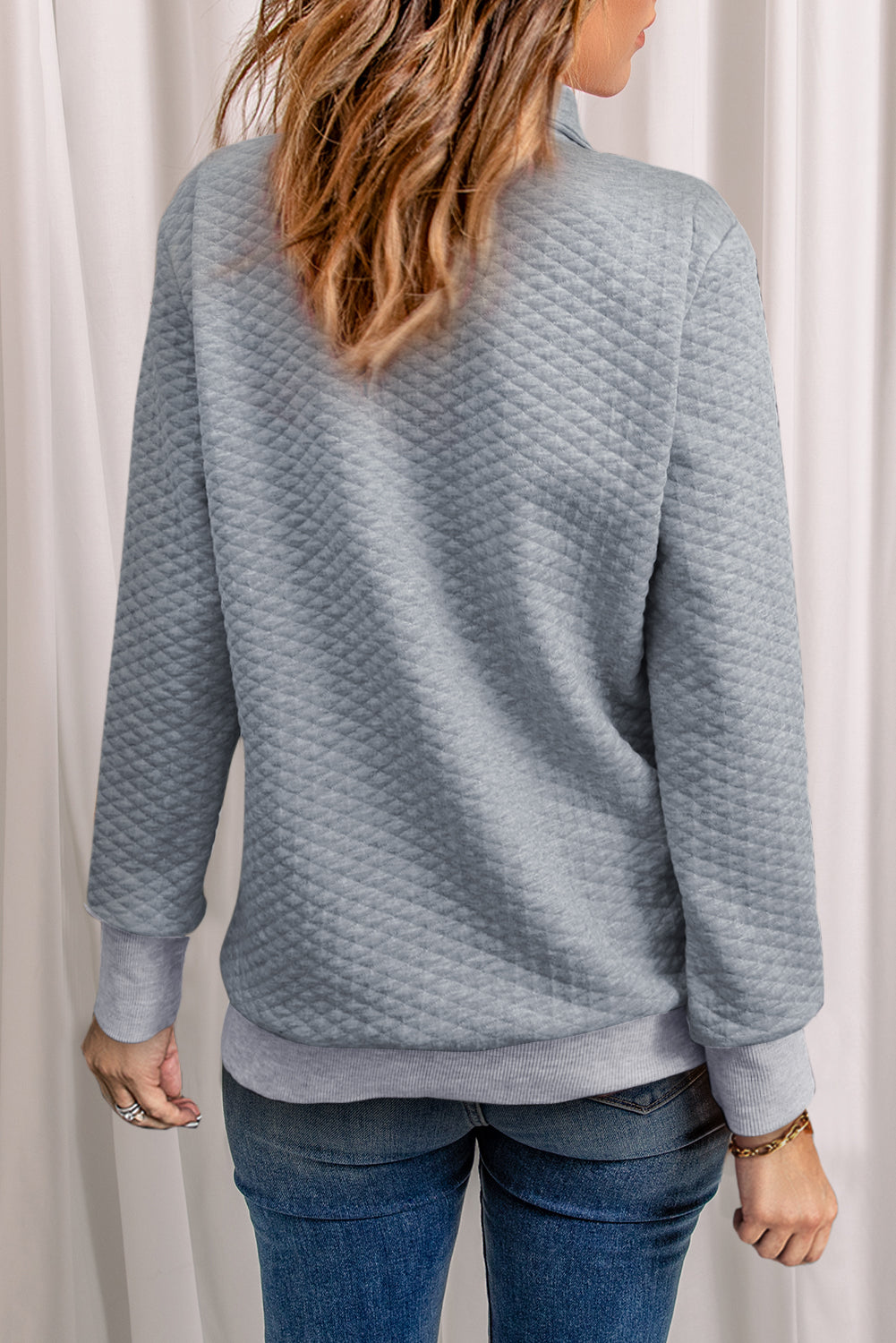 Gray Quilted Snaps Stand Neck Pullover Sweatshirt