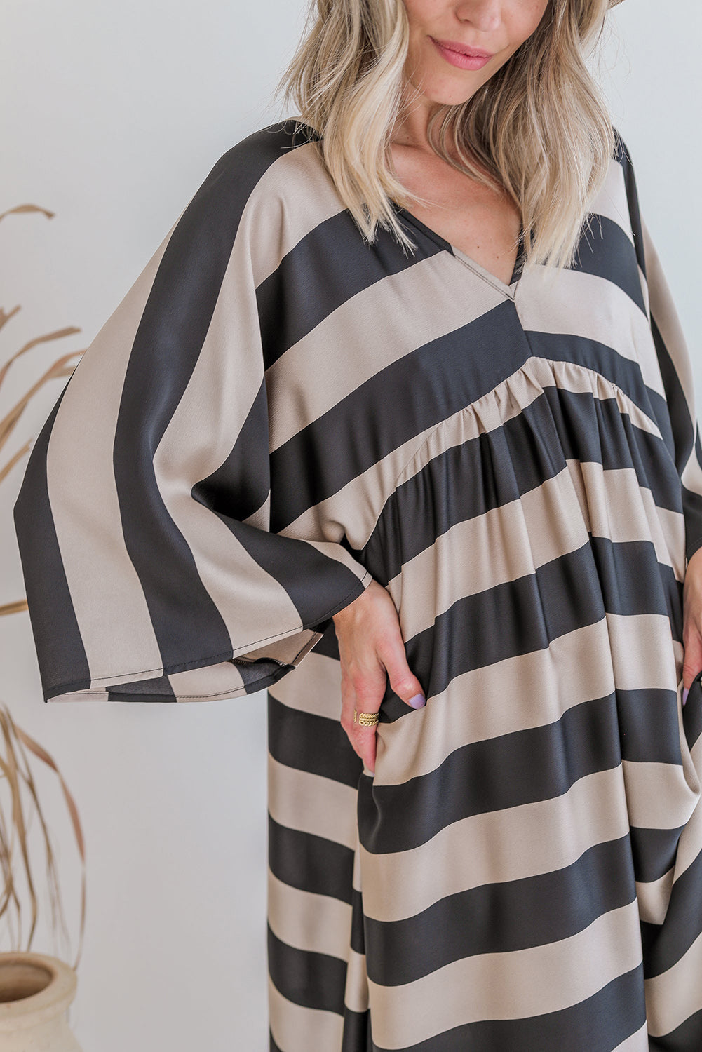 Black V Neck Kimono Sleeve Striped Maxi Dress