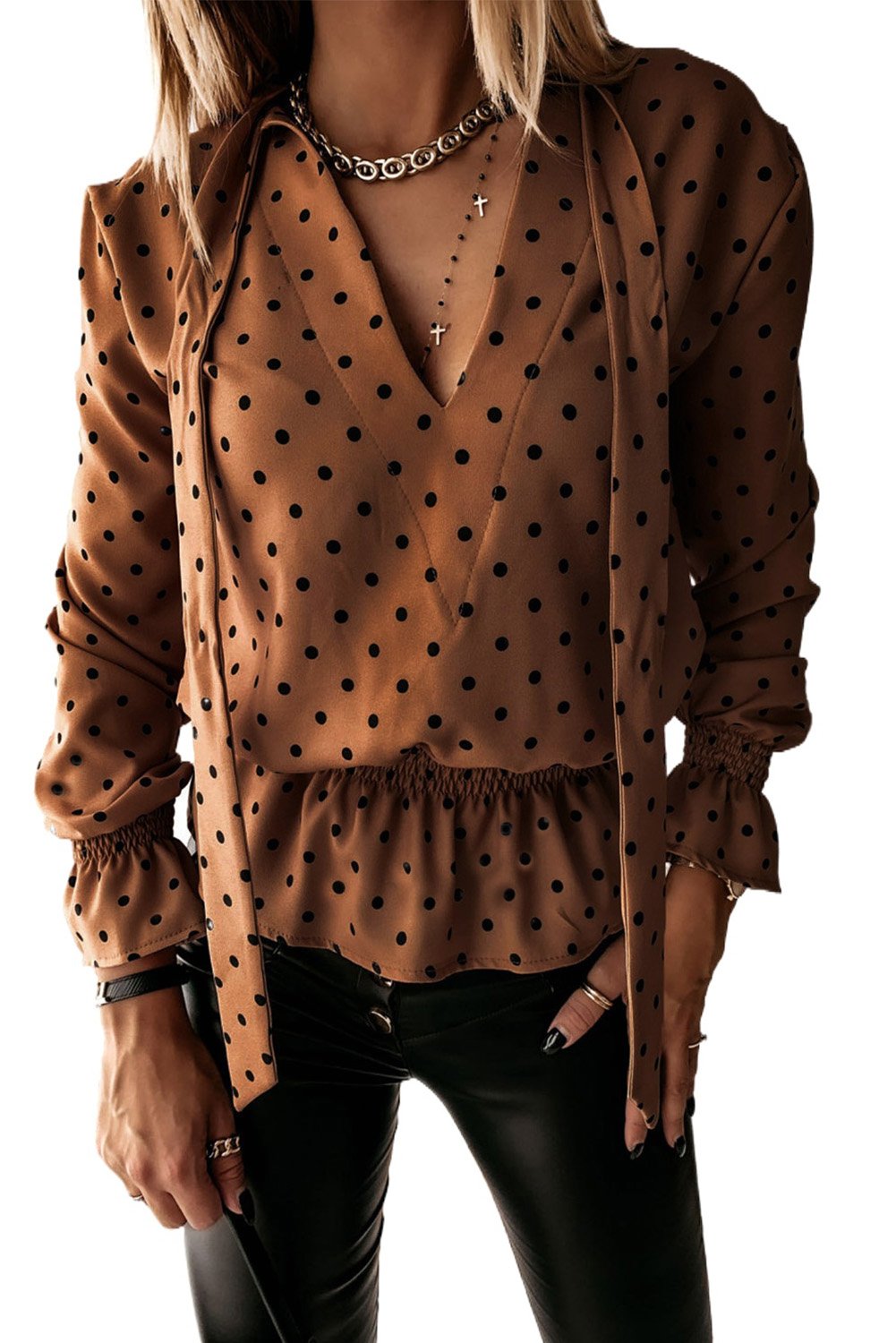 Khaki V Neck Tie Polka Dot Ruffled Blouse