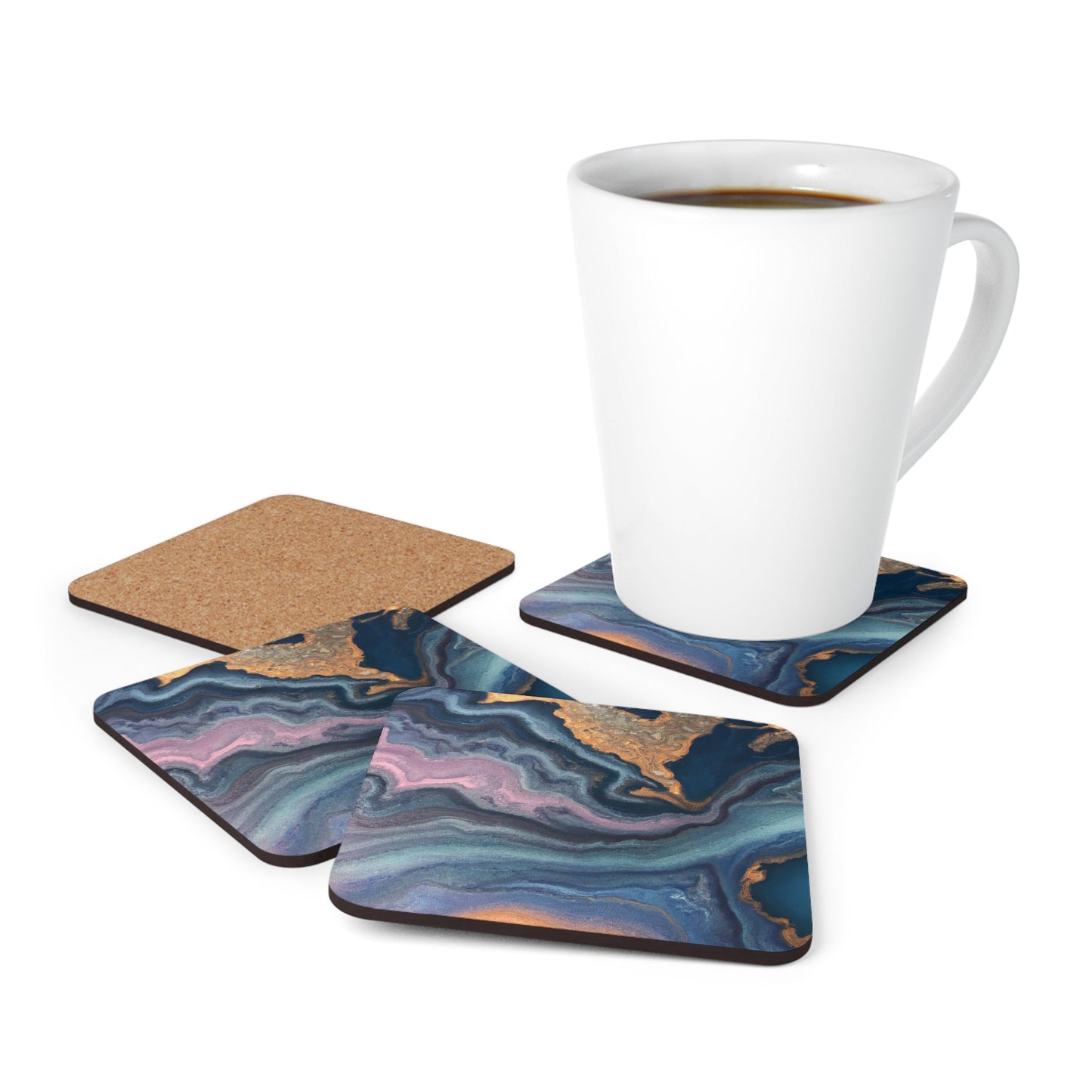 Coaster Set Of 4 For Drinks Blue Pink Gold Abstract Marble Swirl Patte - Craze Trends