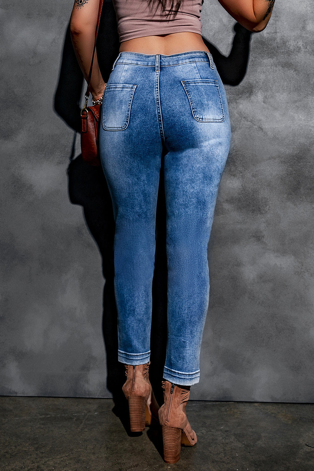 Sky Blue High Rise Button Fly Center Seam Tight Jeans - Craze Trends