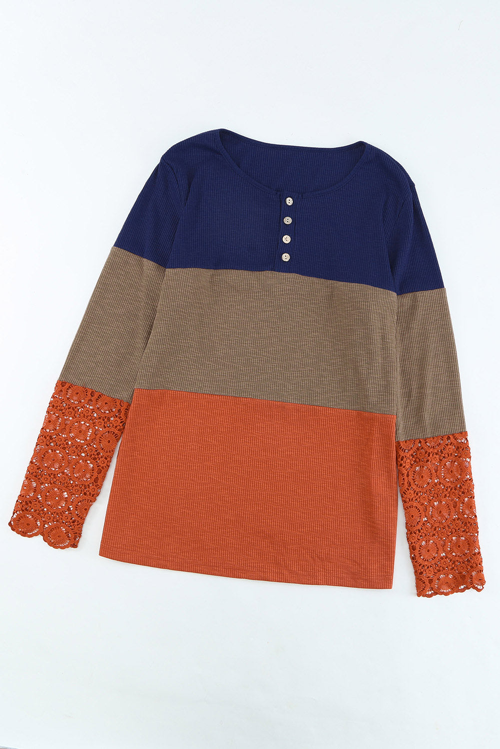 Blue Ribbed Lace Splicing Color Block Long Sleeve Top