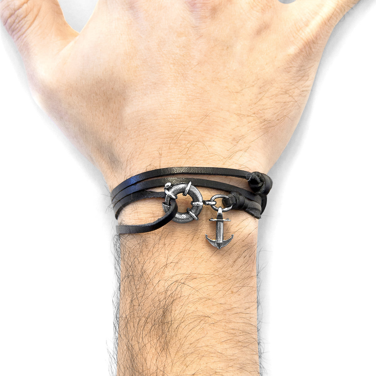 Coal Black Clyde Anchor Silver & Leather Bracelet - Craze Trends