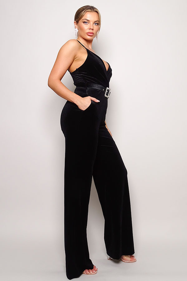 Samba Rhinestone Belt Velvet Jumpsuit - Craze Trends