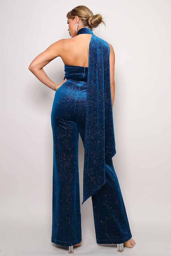 Scarf Top Glitter Velvet Jumpsuit - Craze Trends