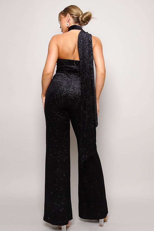 Scarf Top Glitter Velvet Jumpsuit - Craze Trends