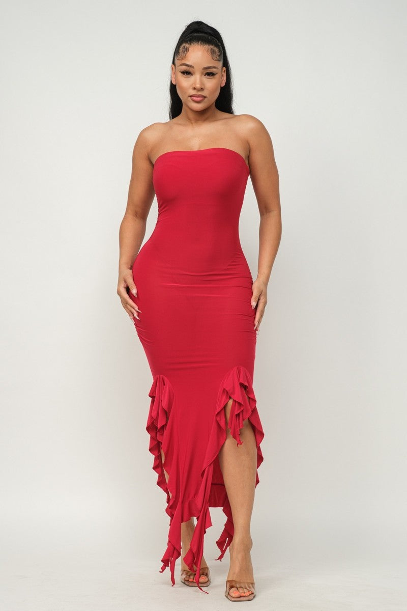 Solid Bottom Ruffle Trim Hem Slit Tube Maxi Dress - Craze Trends