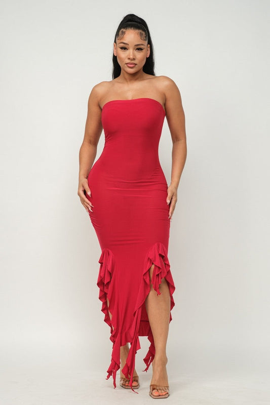 Solid Bottom Ruffle Trim Hem Slit Tube Maxi Dress - Craze Trends