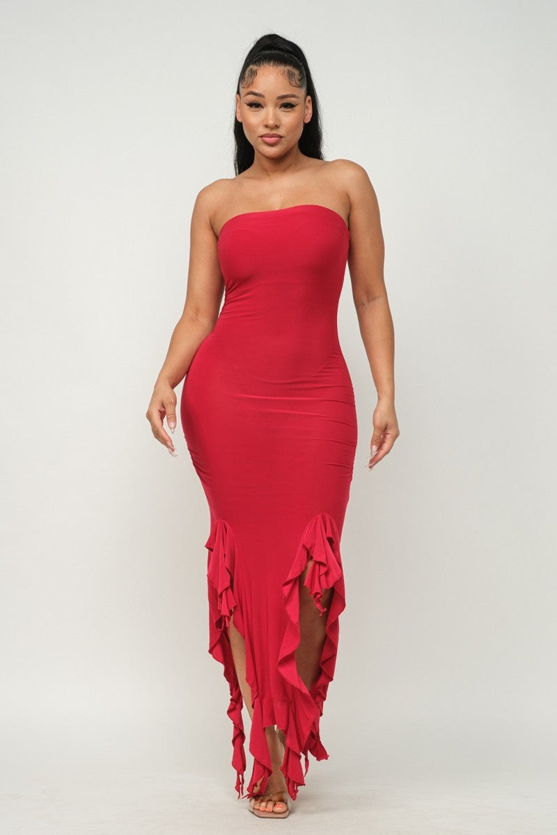 Solid Bottom Ruffle Trim Hem Slit Tube Maxi Dress - Craze Trends