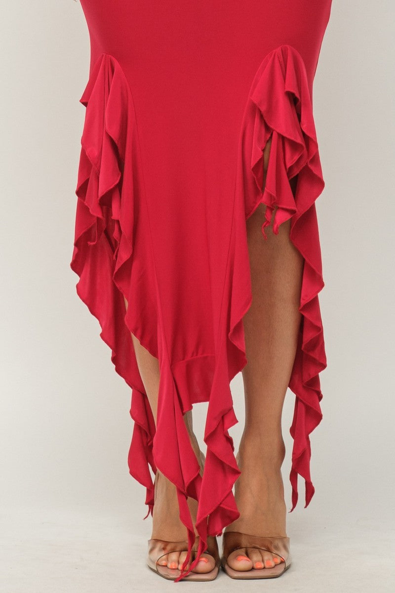 Solid Bottom Ruffle Trim Hem Slit Tube Maxi Dress - Craze Trends