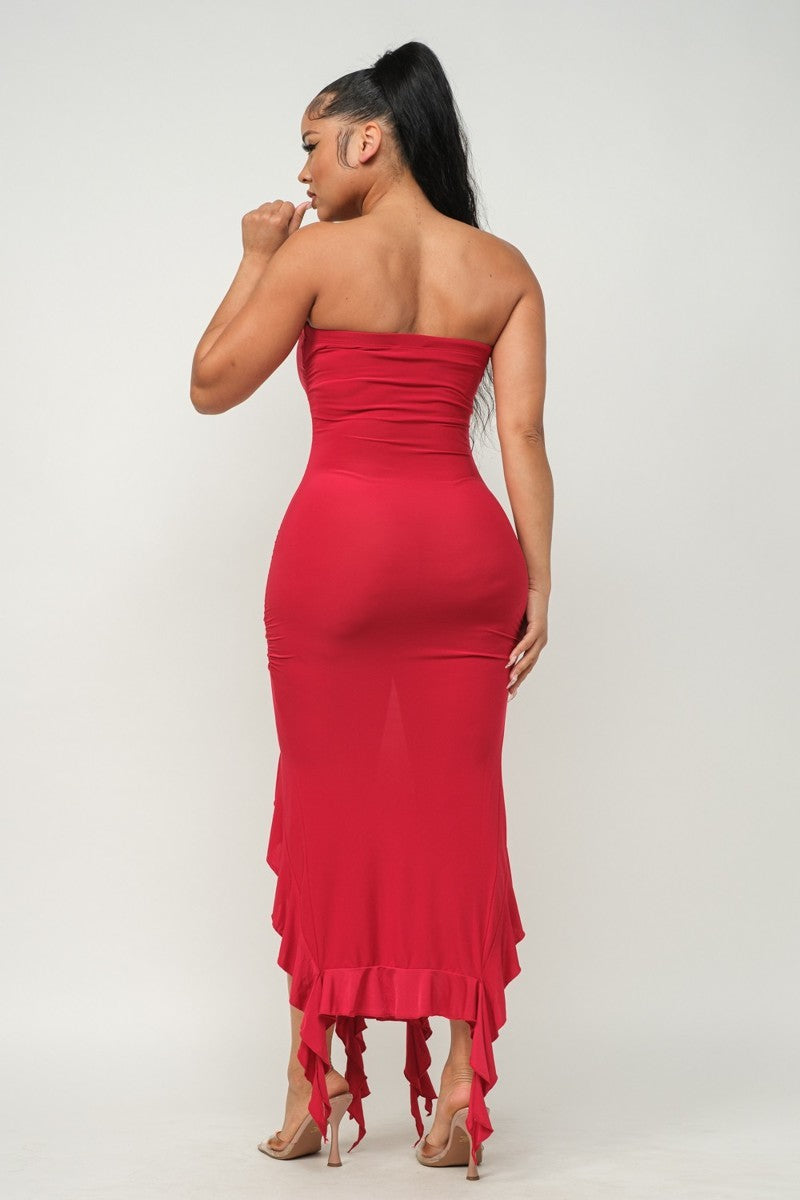 Solid Bottom Ruffle Trim Hem Slit Tube Maxi Dress - Craze Trends