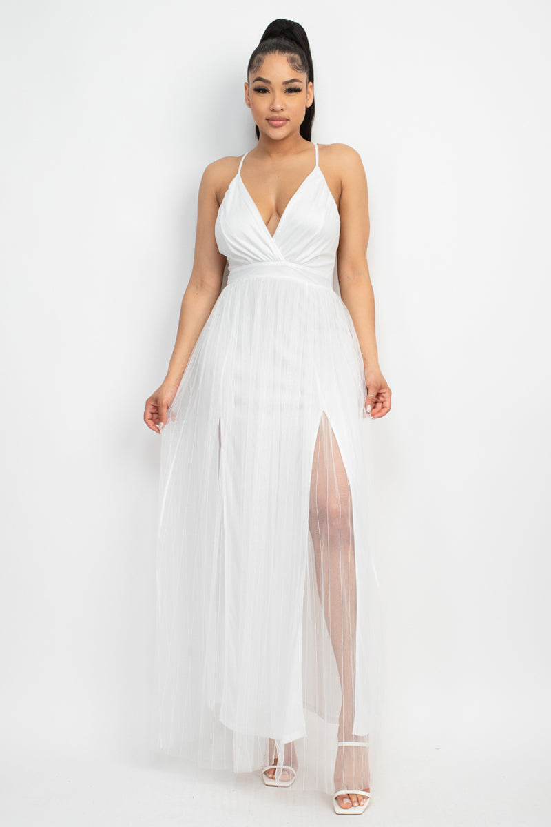 Pleated Mesh Slit Maxi Dress - Craze Trends