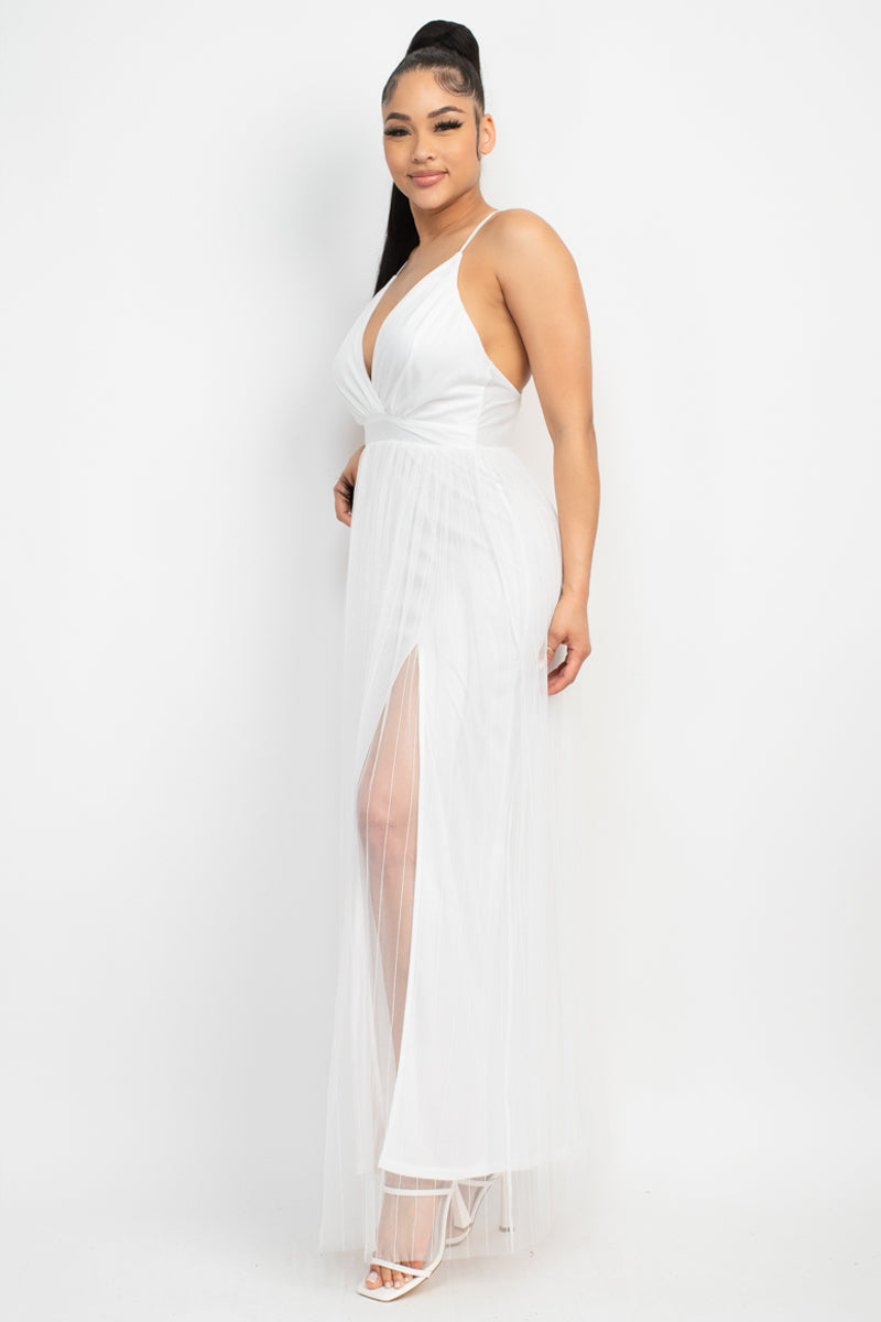 Pleated Mesh Slit Maxi Dress - Craze Trends