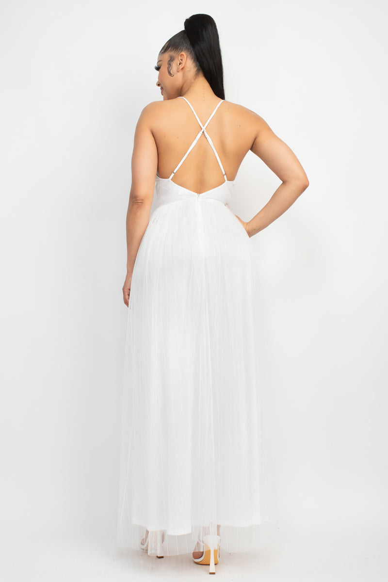 Pleated Mesh Slit Maxi Dress - Craze Trends