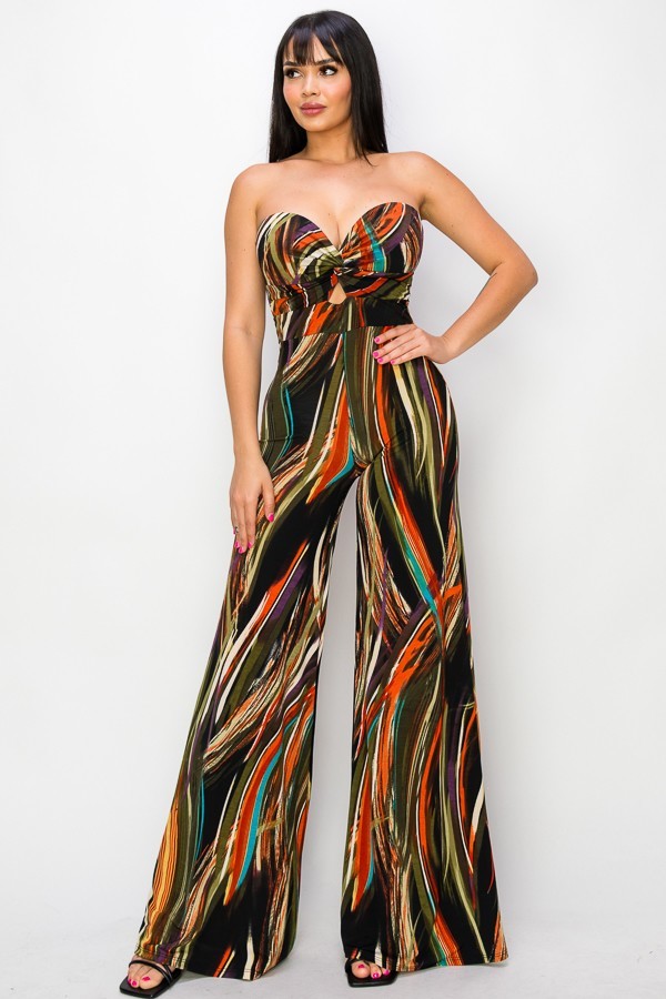 Allover Print Twist Front Wide Leg Jumpsuit - Craze Trends