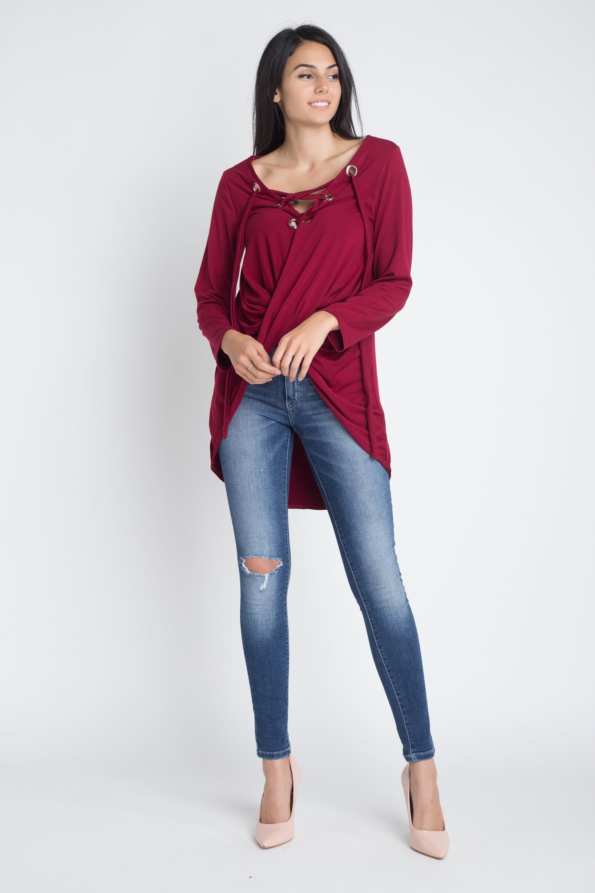 Women's Lace Up Wrap Long Sleeve Top - Craze Trends