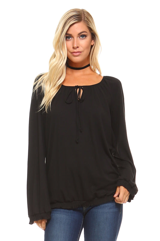 Women's Long Sleeve Solid Peasant Top - Craze Trends