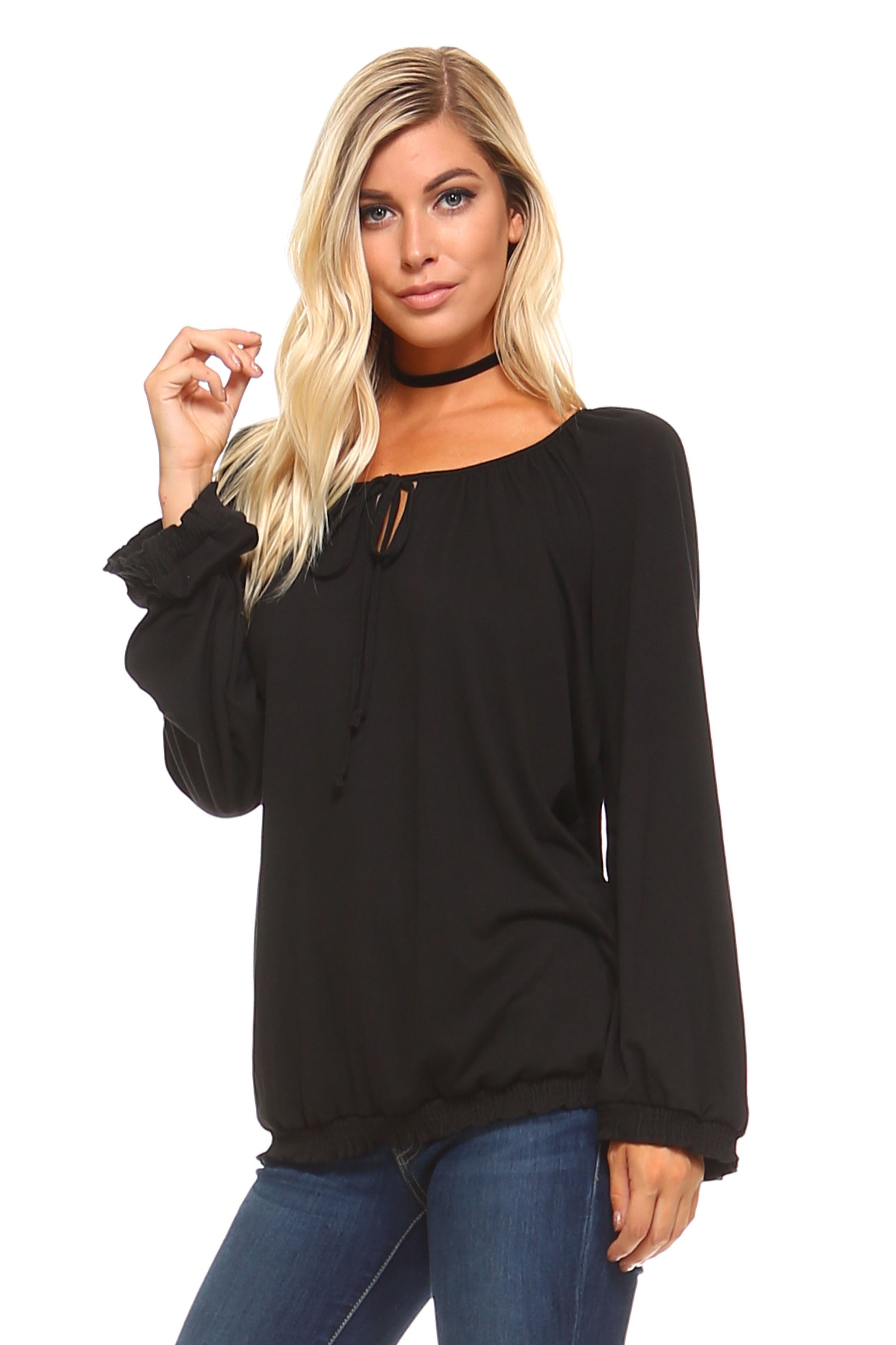 Women's Long Sleeve Solid Peasant Top - Craze Trends