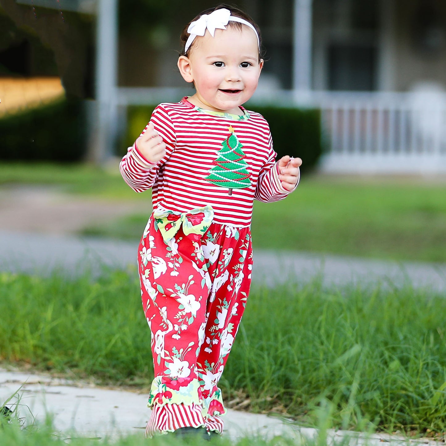 AnnLoren Baby Girls Merry Christmas Tree Holiday Floral Toddler Romper - Craze Trends