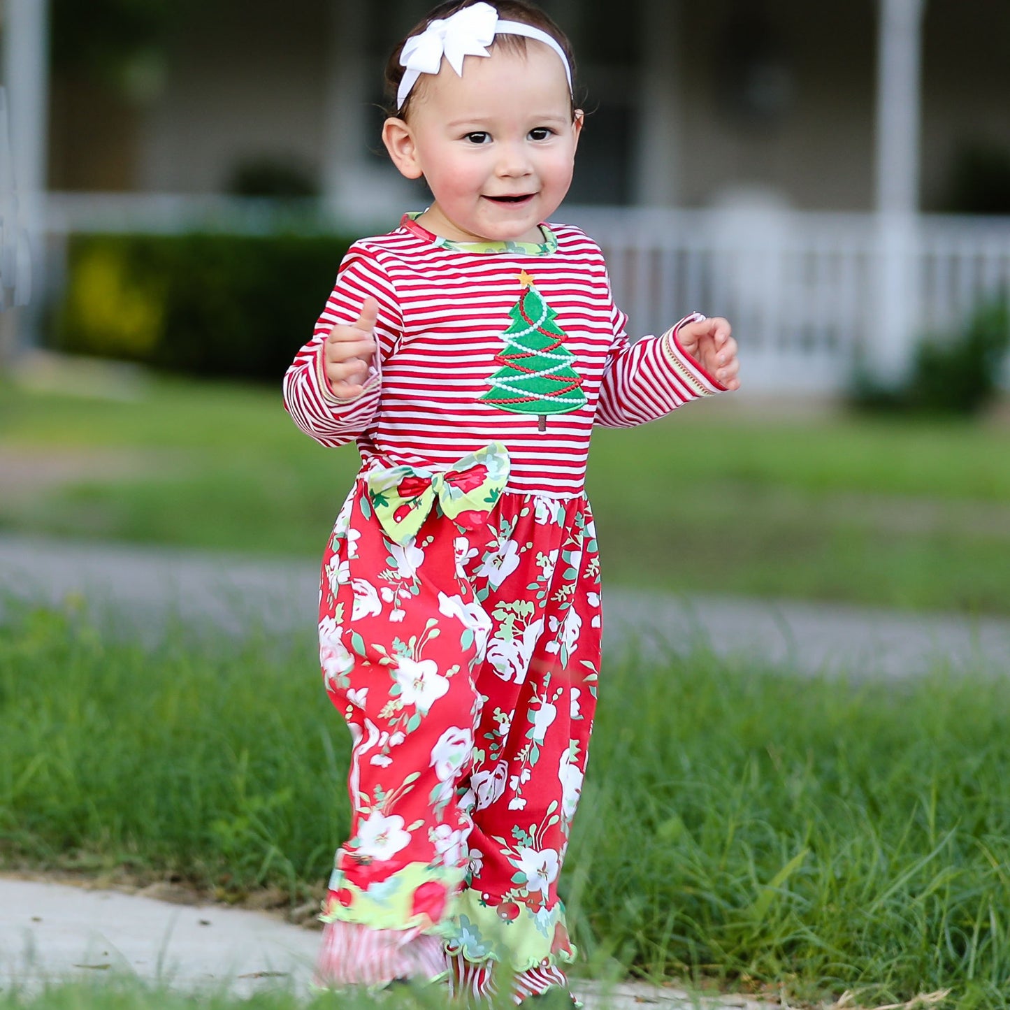 AnnLoren Baby Girls Merry Christmas Tree Holiday Floral Toddler Romper - Craze Trends